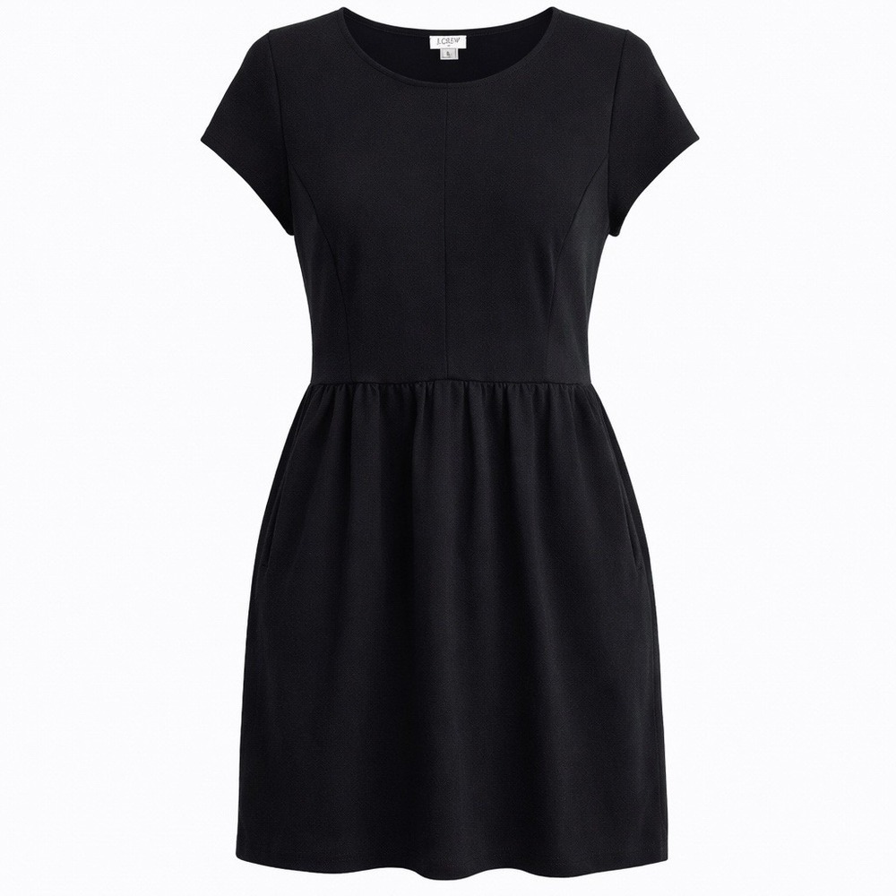J.Crew Black Cap‎ Sleeve Empire Waist Crepe Knit Dress Side Zip Pockets L